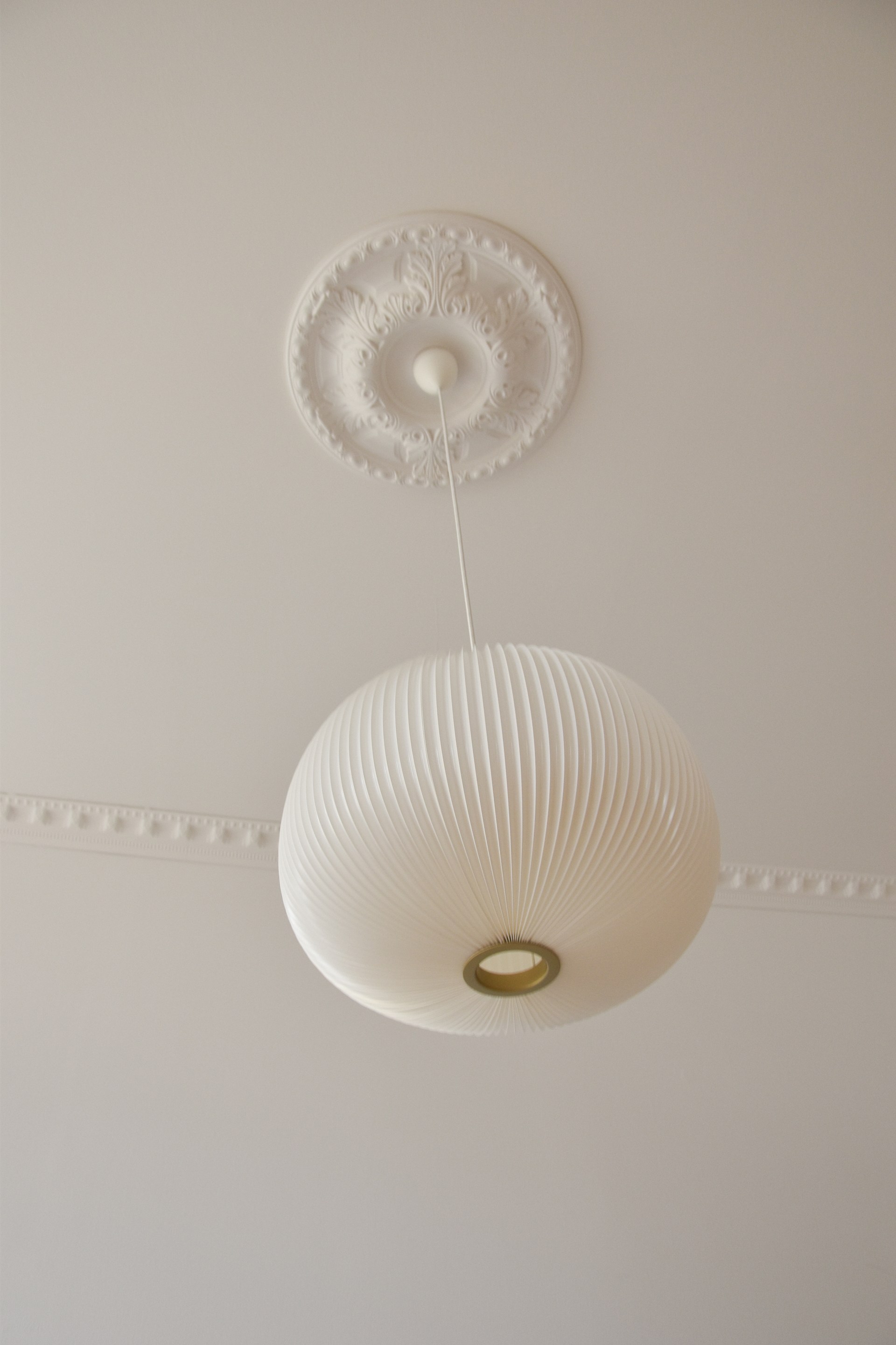 Ornate ceiling rose framing a pendant light, combined with subtle cornices for elegant ceiling decoration.