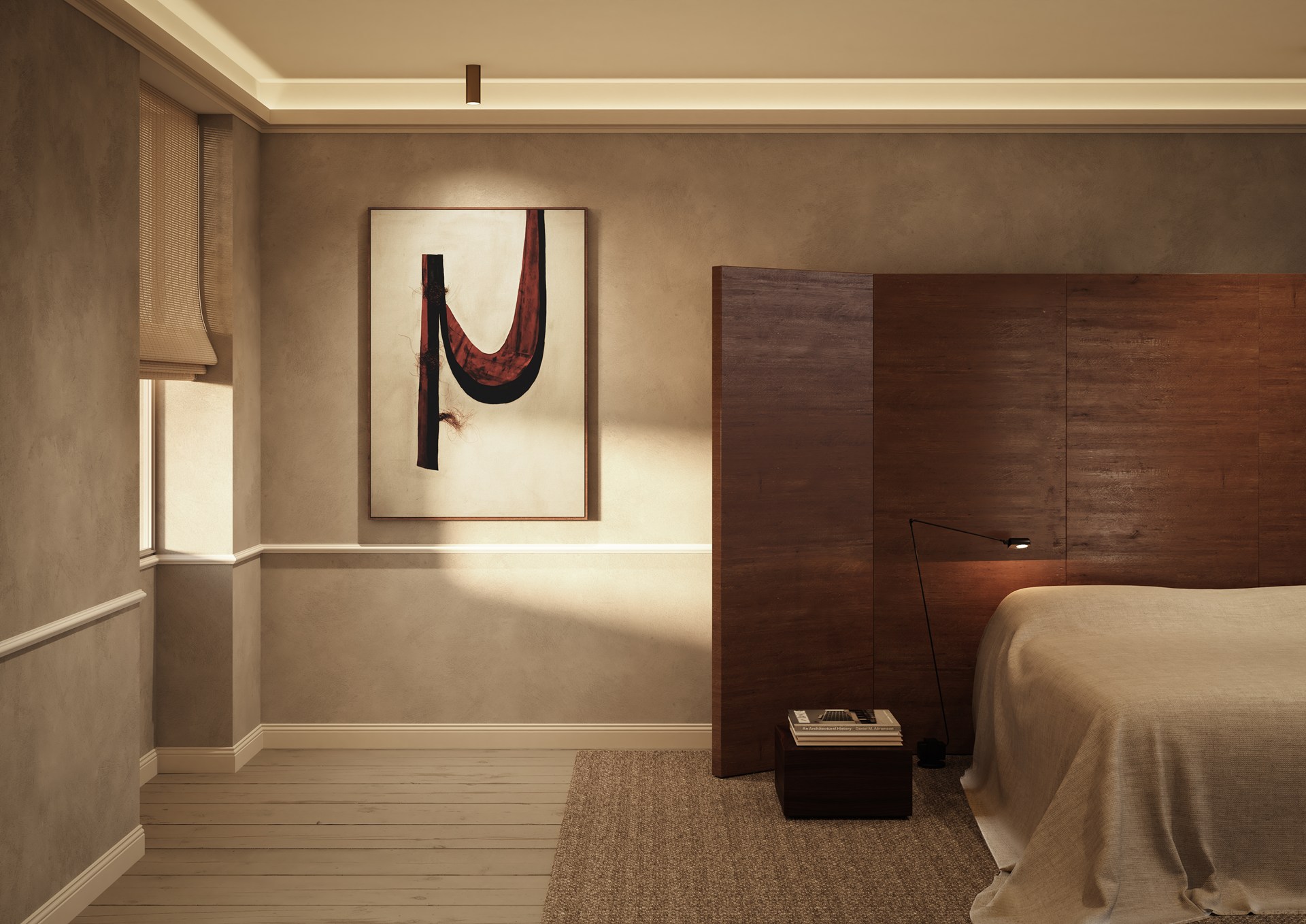 Integrated ceiling lighting profile providing soft, indirect illumination along the room perimeter.