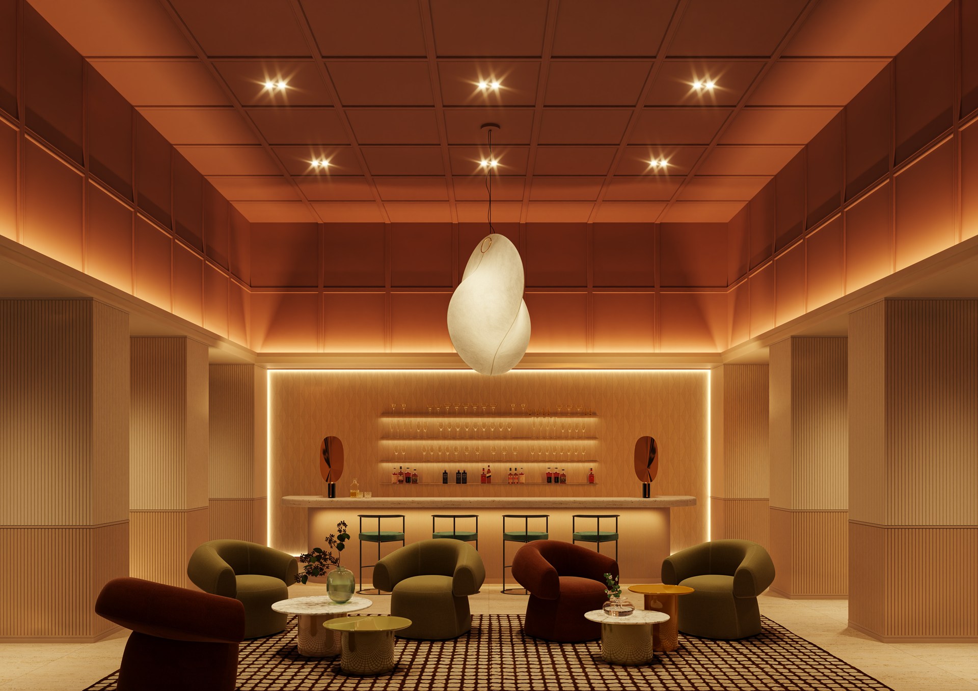 Chair rail mouldings applied to the ceiling, reinforcing the geometric ceiling design with integrated lighting.