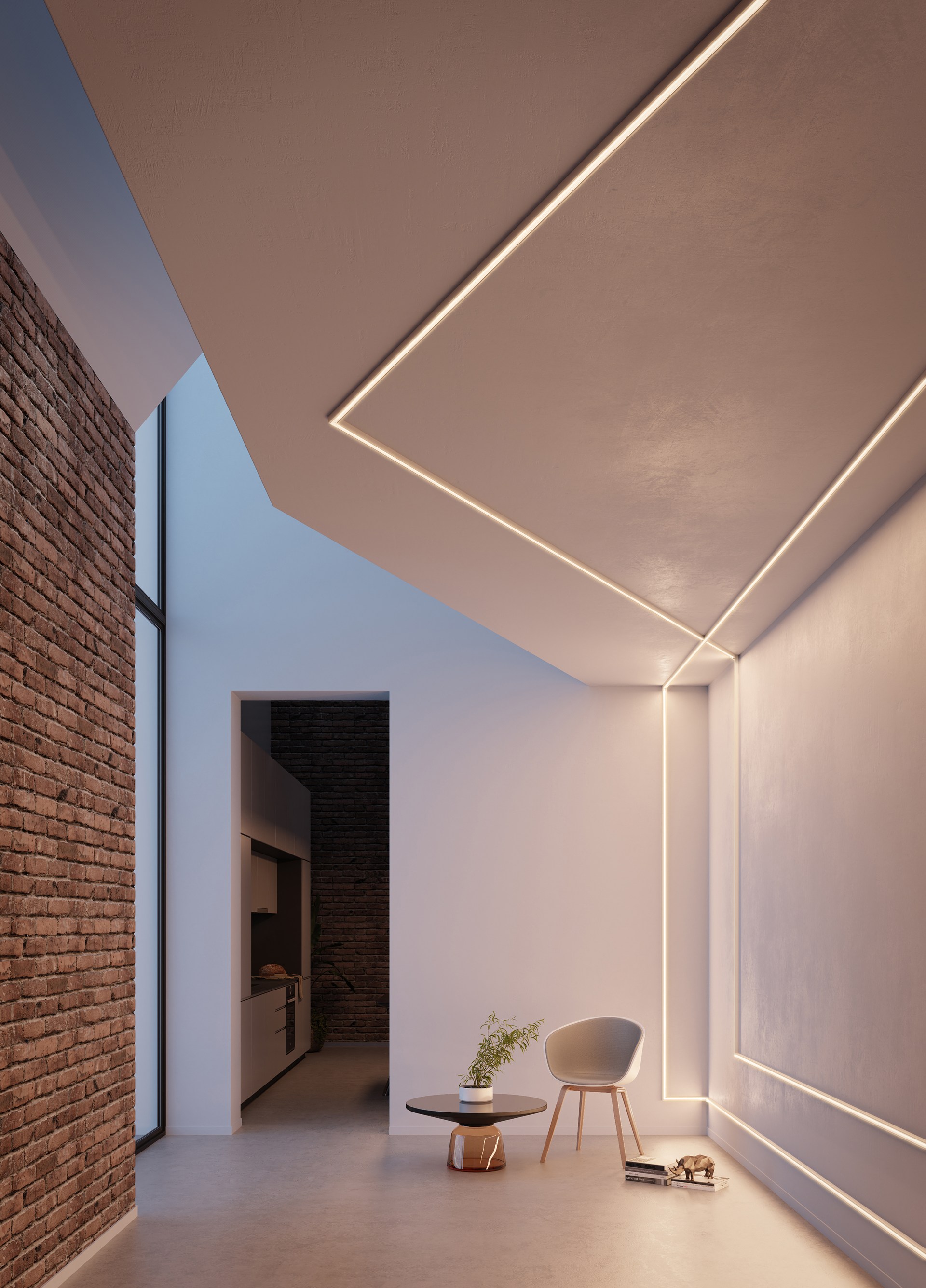 Integrated lighting profiles outlining walls and ceiling, creating a refined architectural lighting design.