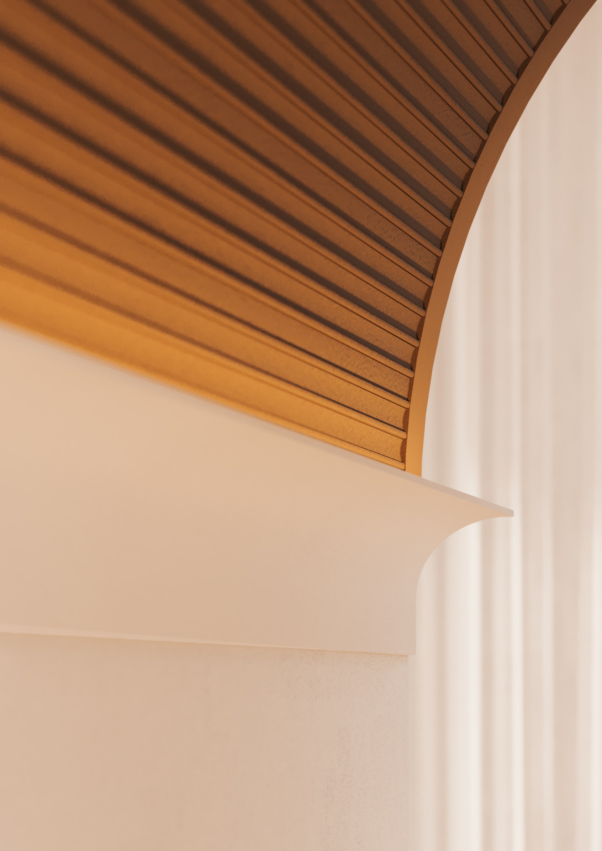 Linear wall panels applied to the ceiling, creating a curved architectural surface with refined texture.